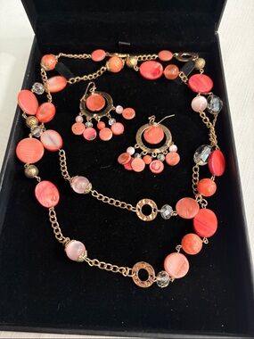 Gold-Tone Coral Bead Necklace and Earrings Set